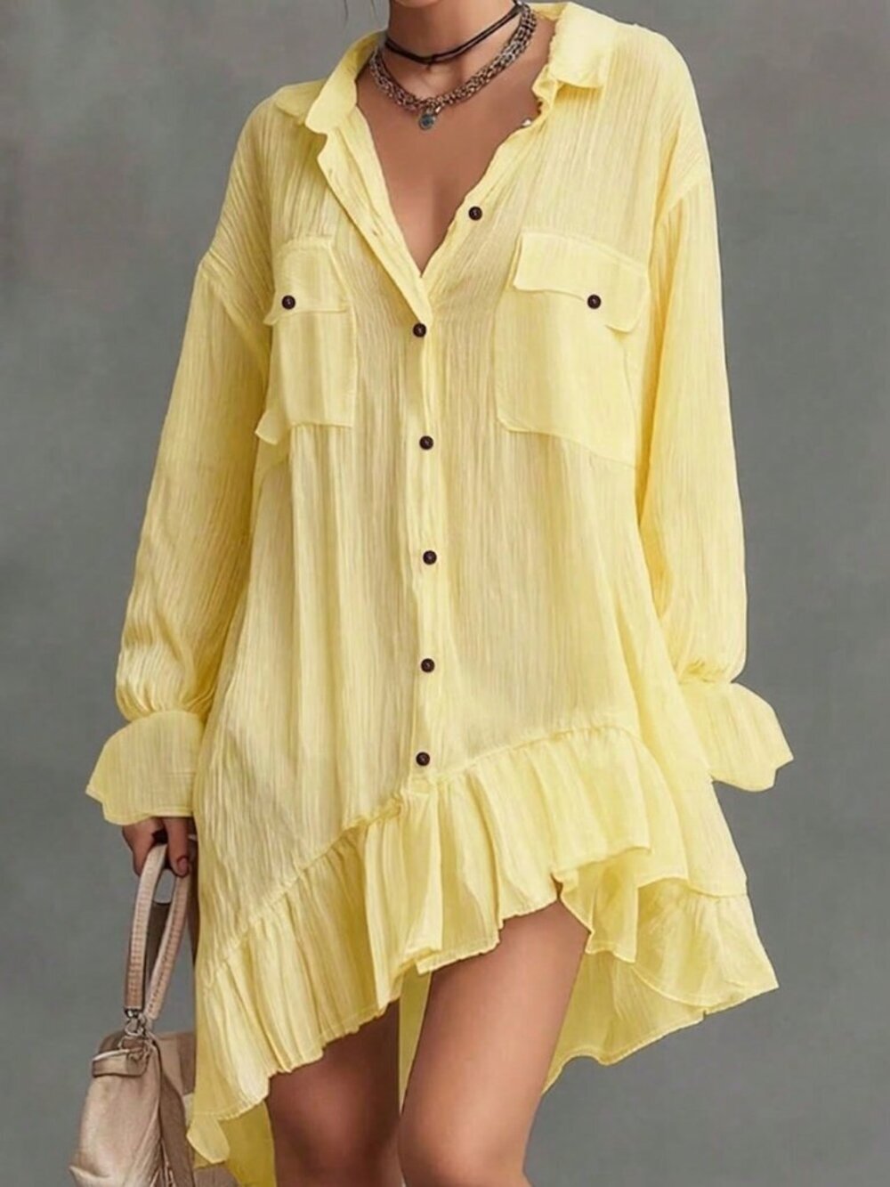 Light Yellow Casual Women's Textured Button Flare Sleeve Ruffle Hem Pocket Dress